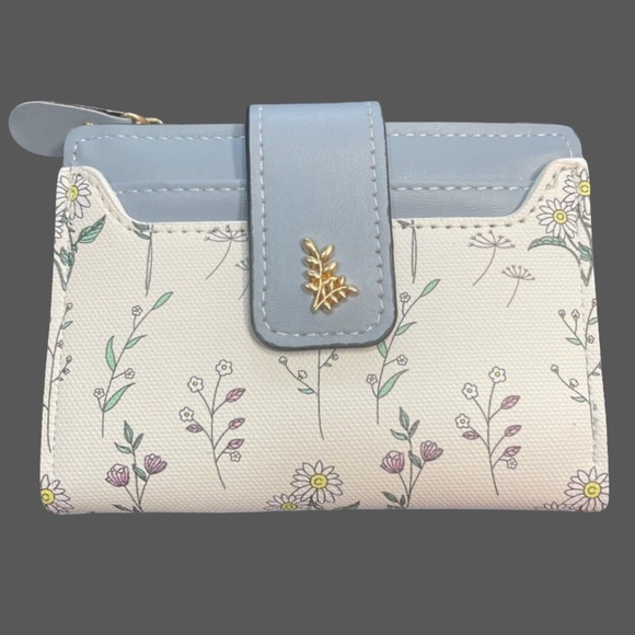 Handbags - Floral Patterned Wallet with Blue Accents
